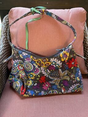 Vera Bradley Quilted Shoulder Bag Tote Floral Paisley Gray Blue Purple 17x9